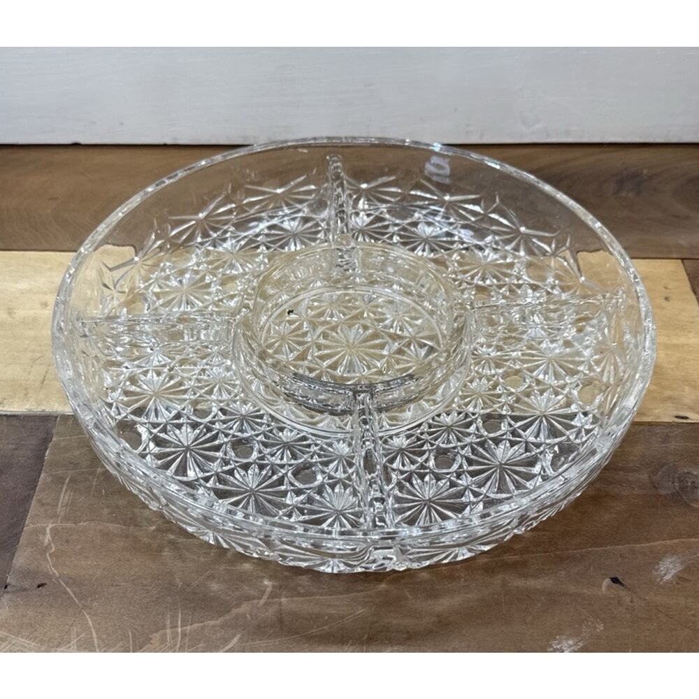 VTG ANCHOR HOCKING Lead Crystal 10” divided serving tray with center small bowl